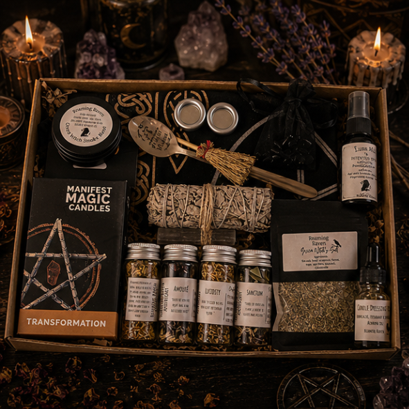 Beginner Witchcraft Starter Kit with spell candles, herbs, sage, intention mist, ritual tools and altar supplies by Roaming Raven