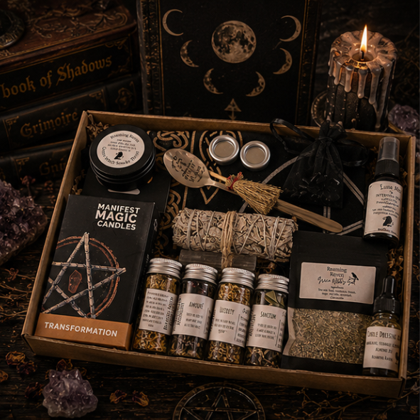 Beginner Witchcraft Starter Kit with spell candles, herbs, sage, intention mist, ritual tools and altar supplies by Roaming Raven