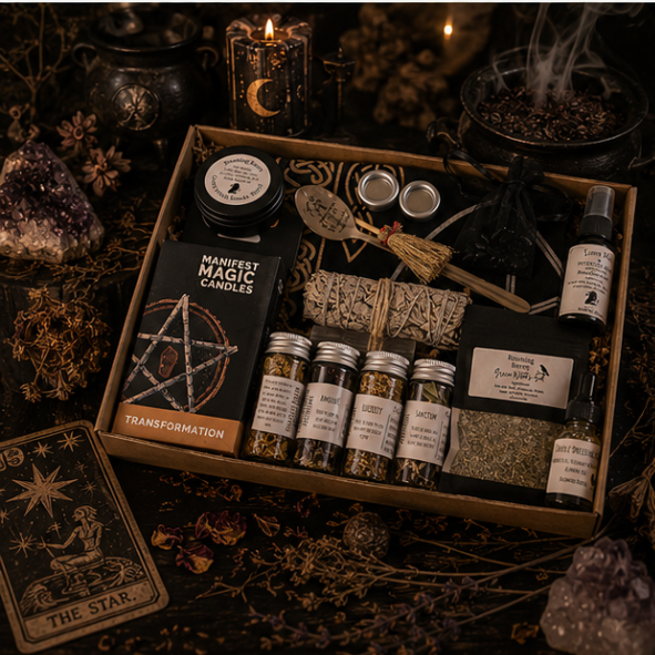 Beginner Witchcraft Starter Kit with spell candles, herbs, sage, intention mist, ritual tools and altar supplies by Roaming Raven