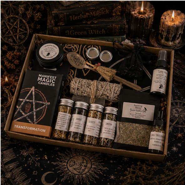 Beginner Witchcraft Starter Kit with spell candles, herbs, sage, intention mist, ritual tools and altar supplies by Roaming Raven
