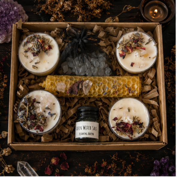 Ritual Grief Gift Set with botanical candles, beeswax candle, crystal pouch, witch's salt and handcrafted remembrance gifts by Roaming Raven