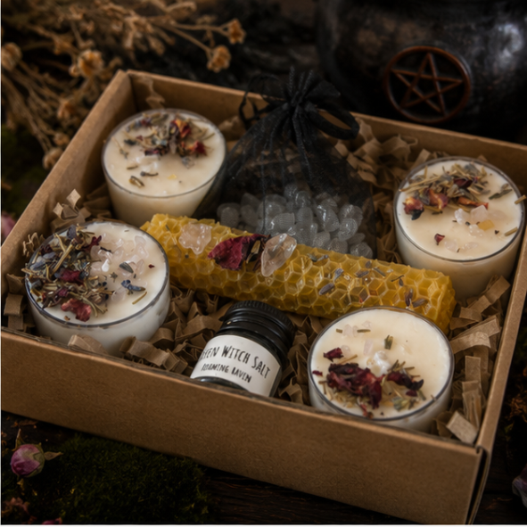 Ritual Grief Gift Set with botanical candles, beeswax candle, crystal pouch, witch's salt and handcrafted remembrance gifts by Roaming Raven