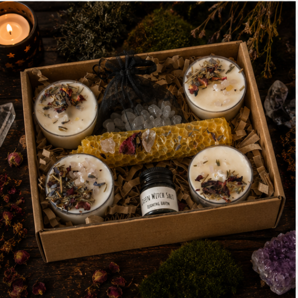 Ritual Grief Gift Set with botanical candles, beeswax candle, crystal pouch, witch's salt and handcrafted remembrance gifts by Roaming Raven