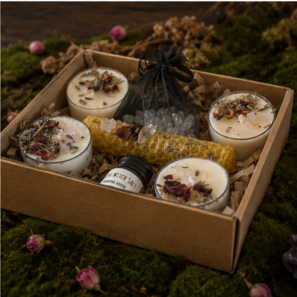 Ritual Grief Gift Set with botanical candles, beeswax candle, crystal pouch, witch's salt and handcrafted remembrance gifts by Roaming Raven