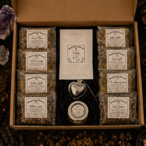 Herbal Tea Collection Gift Box with eight loose leaf botanical teas, heart tea infuser and mini honey jar by Roaming Raven