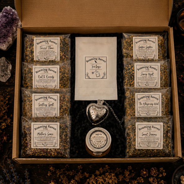 Herbal Tea Collection Gift Box with eight loose leaf botanical teas, heart tea infuser and mini honey jar by Roaming Raven