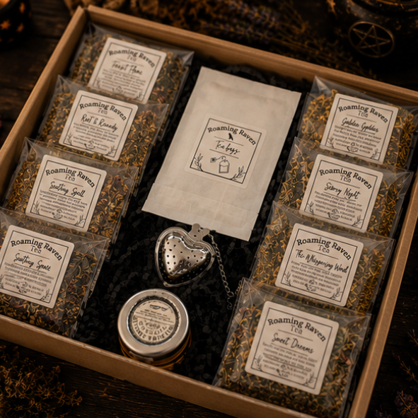 Herbal Tea Collection Gift Box with eight loose leaf botanical teas, heart tea infuser and mini honey jar by Roaming Raven