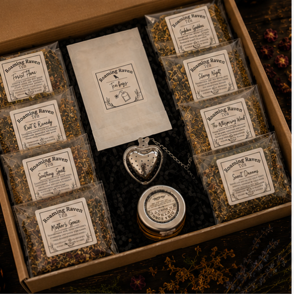 Herbal Tea Collection Gift Box with eight loose leaf botanical teas, heart tea infuser and mini honey jar by Roaming Raven