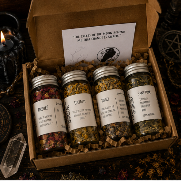 Botanical herbal jar collection featuring Amouré, Lucidity, Solace and Sanctum ritual herbs by Roaming Raven