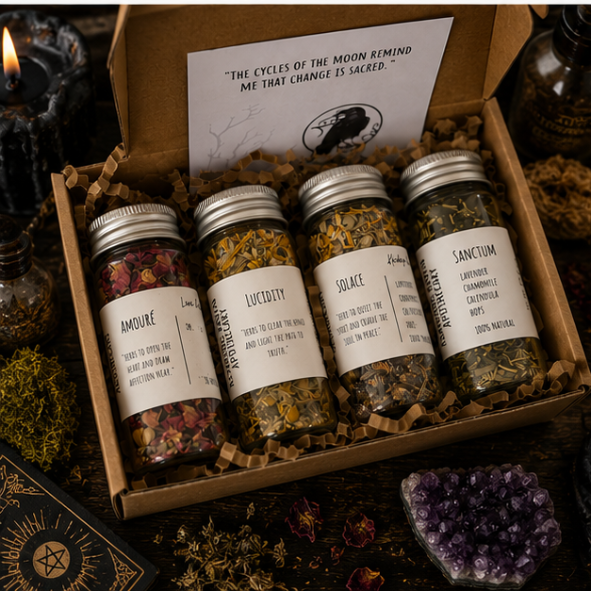 Botanical herbal jar collection featuring Amouré, Lucidity, Solace and Sanctum ritual herbs by Roaming Raven
