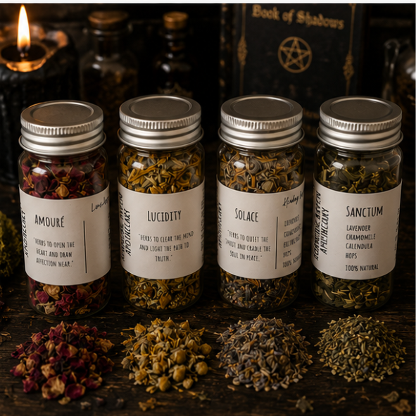 Botanical herbal jar collection featuring Amouré, Lucidity, Solace and Sanctum ritual herbs by Roaming Raven