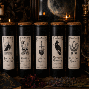 Ancient Witch ritual candle collection featuring Locked Desires, Gothic Garden, Sinful Apple, Raven's Remedy and Witches' Queen candles by Roaming Raven