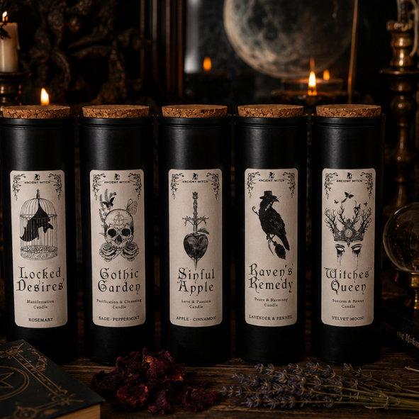 Ancient Witch ritual candle collection featuring Locked Desires, Gothic Garden, Sinful Apple, Raven's Remedy and Witches' Queen candles by Roaming Raven