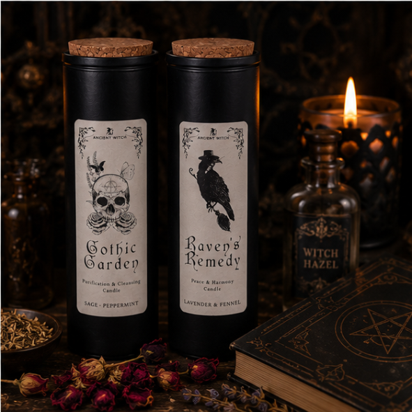 Gothic Garden and Raven's Remedy botanical ritual candle set in reusable apothecary tubes by Roaming Raven