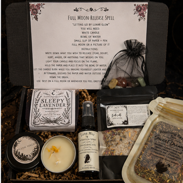 Luna Moon ritual gift box with full moon spell kit, sleepy lavender soap, intention mist, candle, bath salts and crystals by Roaming Raven