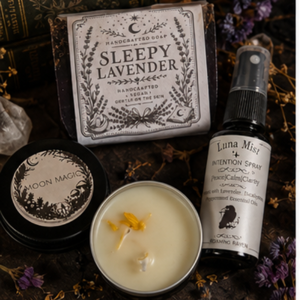 Green Witch ritual gift box with protection spell kit, handmade soap, herbal bath soak, candle, roller oil and botanical gifts by Roaming Raven