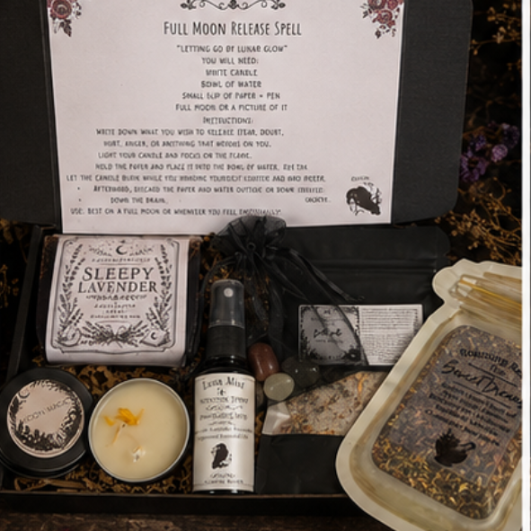 Green Witch ritual gift box with protection spell kit, handmade soap, herbal bath soak, candle, roller oil and botanical gifts by Roaming Raven