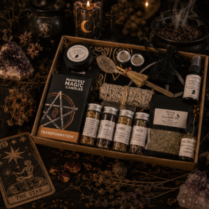 Beginner Witch Starter Kit gift box with herbs, white sage, spell candles, intention mist, crystals and ritual tools by Roaming Raven