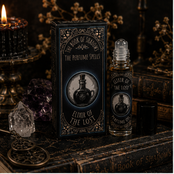 Elixir of the Lost perfume oil in a 10ml roller bottle with vintage apothecary artwork by Roaming Raven.