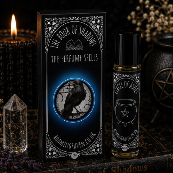 Circle of Ashes perfume oil in a 10ml roller bottle with gothic cauldron artwork by Roaming Raven.