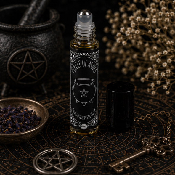 Circle of Ashes perfume oil in a 10ml roller bottle with gothic cauldron artwork by Roaming Raven.