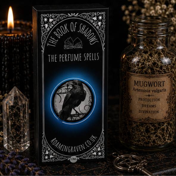 Moonflower Spell perfume oil in a 10ml roller bottle with celestial gothic artwork by Roaming Raven.