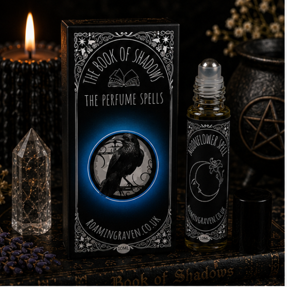 Moonflower Spell perfume oil in a 10ml roller bottle with celestial gothic artwork by Roaming Raven.