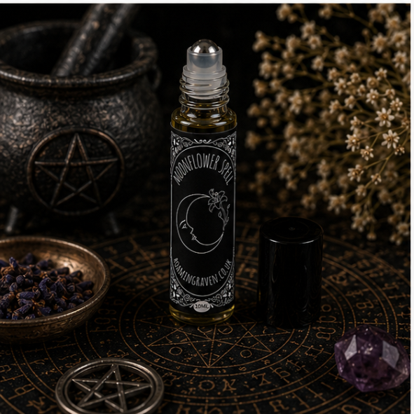 Moonflower Spell perfume oil in a 10ml roller bottle with celestial gothic artwork by Roaming Raven.
