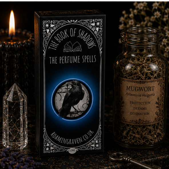 Witchfire Ritual perfume oil in a 10ml roller bottle with gothic campfire artwork by Roaming Raven.