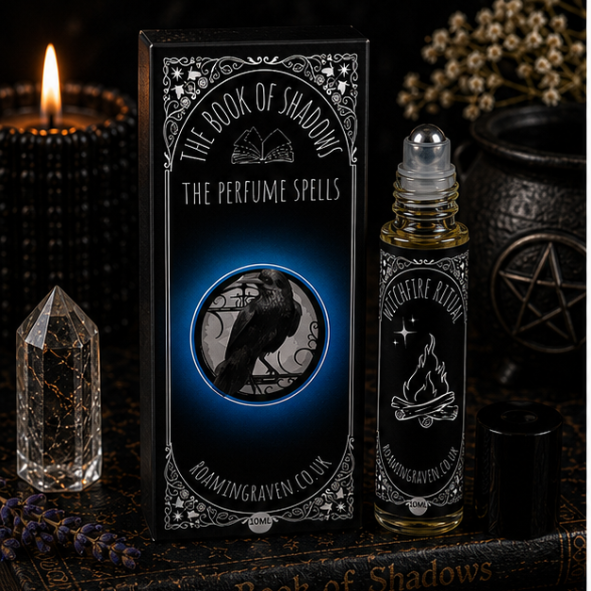 Witchfire Ritual perfume oil in a 10ml roller bottle with gothic campfire artwork by Roaming Raven.