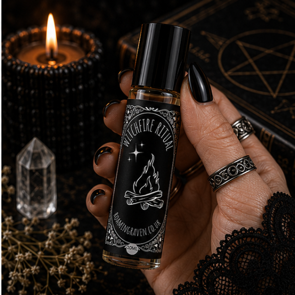 Witchfire Ritual perfume oil in a 10ml roller bottle with gothic campfire artwork by Roaming Raven.