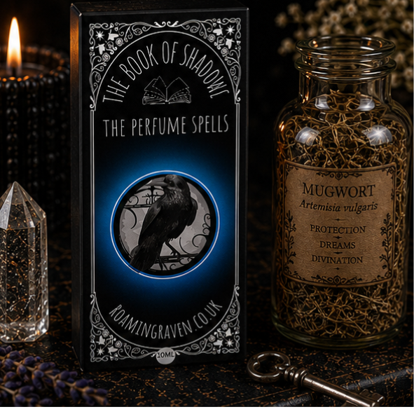 Forbidden Sigil perfume oil in a 10ml roller bottle with gothic botanical artwork by Roaming Raven.