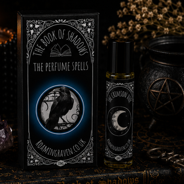 Crimson Veil perfume oil in a 10ml roller bottle with luxury Book of Shadows gift box by Roaming Raven.