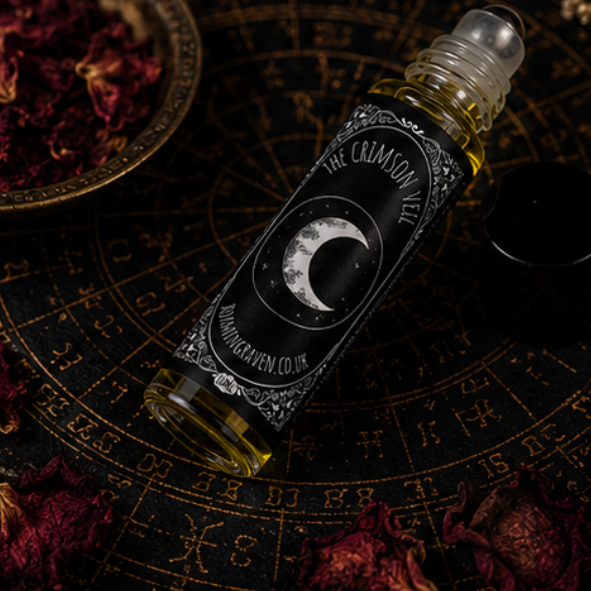 Crimson Veil perfume oil in a 10ml roller bottle with luxury Book of Shadows gift box by Roaming Raven.