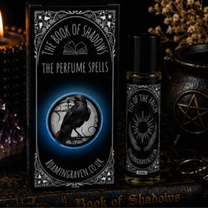Rite of the Fallen perfume oil in a 10ml roller bottle with luxury Book of Shadows gift box by Roaming Raven.