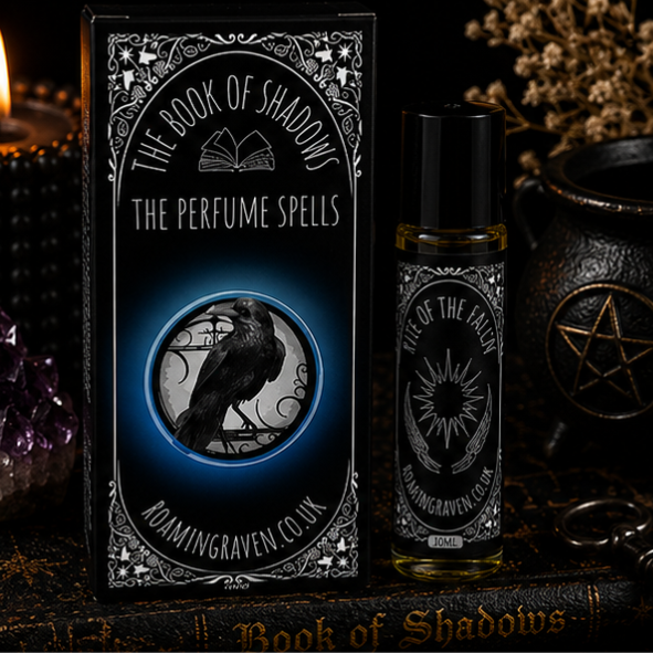 Rite of the Fallen perfume oil in a 10ml roller bottle with luxury Book of Shadows gift box by Roaming Raven.