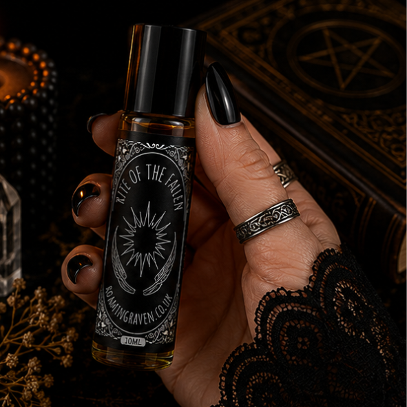 Rite of the Fallen perfume oil in a 10ml roller bottle with luxury Book of Shadows gift box by Roaming Raven.