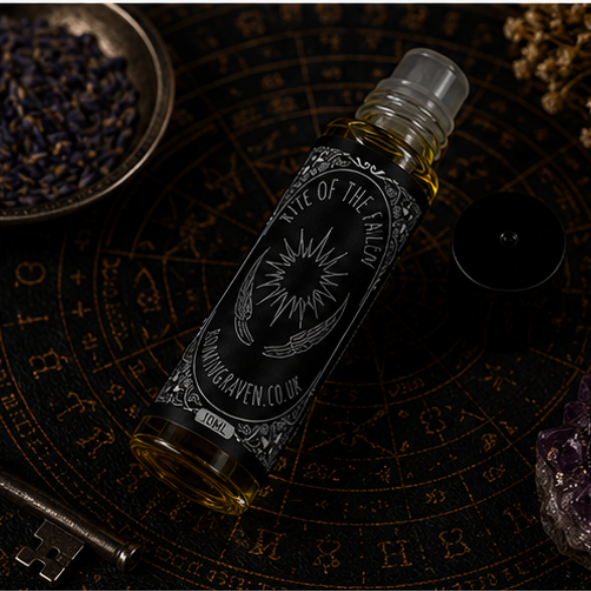 Rite of the Fallen perfume oil in a 10ml roller bottle with luxury Book of Shadows gift box by Roaming Raven.