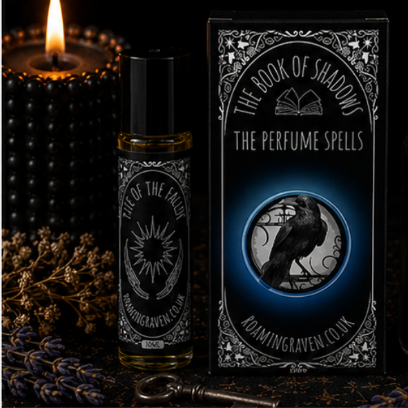 Rite of the Fallen perfume oil in a 10ml roller bottle with luxury Book of Shadows gift box by Roaming Raven.