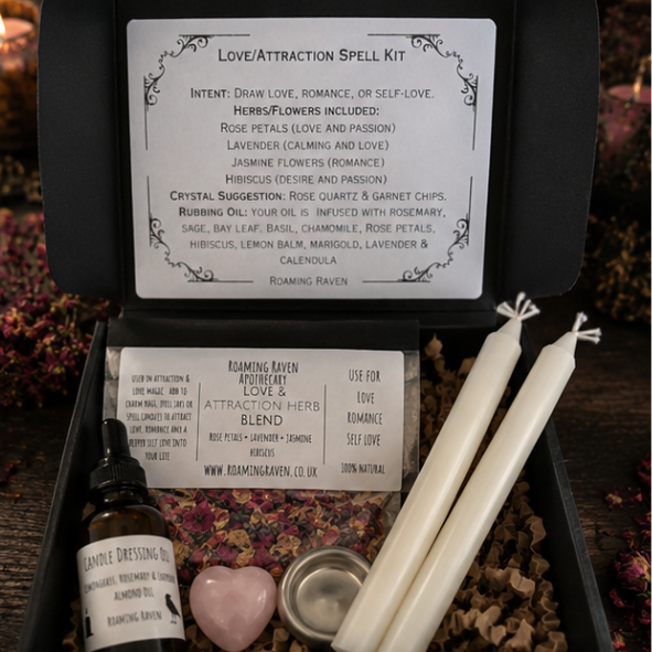 Close-up of a love spell kit showing rose quartz crystal, herbal love blend, candle dressing oil, two white spell candles and a metal candle holder.