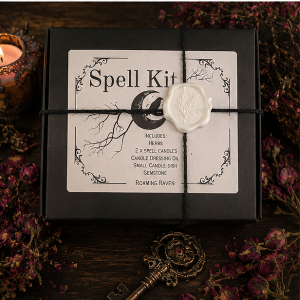 Luxury love and attraction spell kit featuring herbal blend, candle dressing oil, white spell candles, rose quartz crystal and ritual candle holder in a gift box.