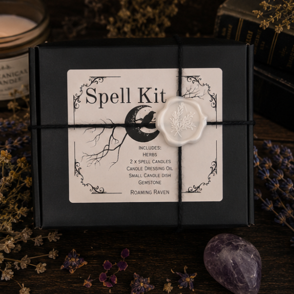 Luxury healing spell kit gift box containing calming herbs, candle dressing oil, white spell candles, amethyst crystal and candle holder for relaxation rituals.