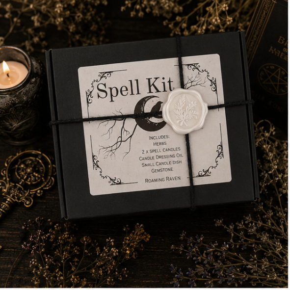 Luxury protection spell kit gift box containing protection herbs, candle dressing oil, white spell candles, black protection crystal and candle holder for cleansing rituals.