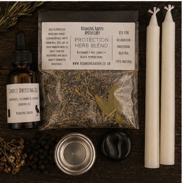 Instruction card inside a protection spell kit explaining protective herbs, black crystals and candle dressing oil for cleansing and protection rituals.