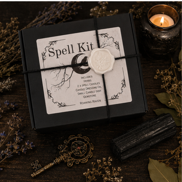 Close-up of protection spell kit contents including protection herb blend, candle dressing oil, white spell candles, black protection crystal and metal candle holder.