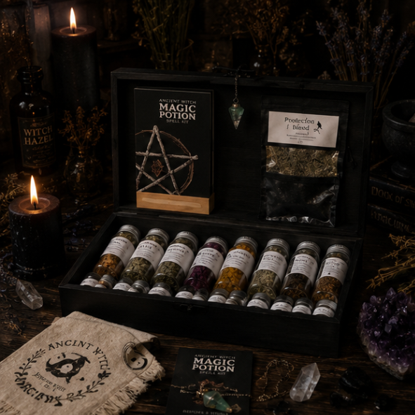 Luxury Witch's Apothecary Box with herbs, pendulum, spell book, altar cloth and magical supplies by Roaming Raven