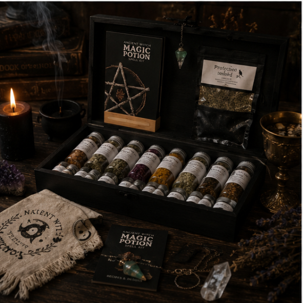 Luxury Witch's Apothecary Box with herbs, pendulum, spell book, altar cloth and magical supplies by Roaming Raven