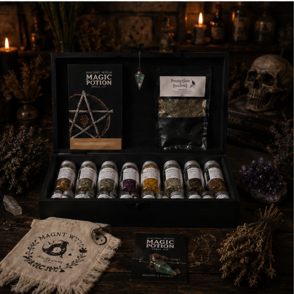 Luxury Witch's Apothecary Box with herbs, pendulum, spell book, altar cloth and magical supplies by Roaming Raven
