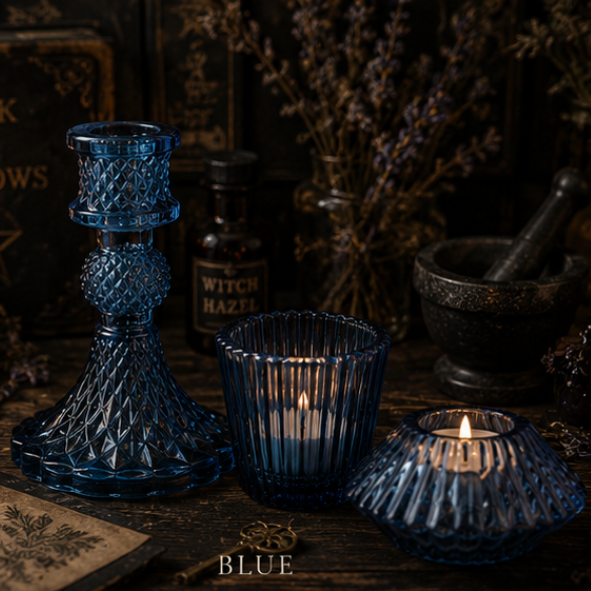 Blue vintage glass candle holder set with taper holder, tealight holder and votive holder