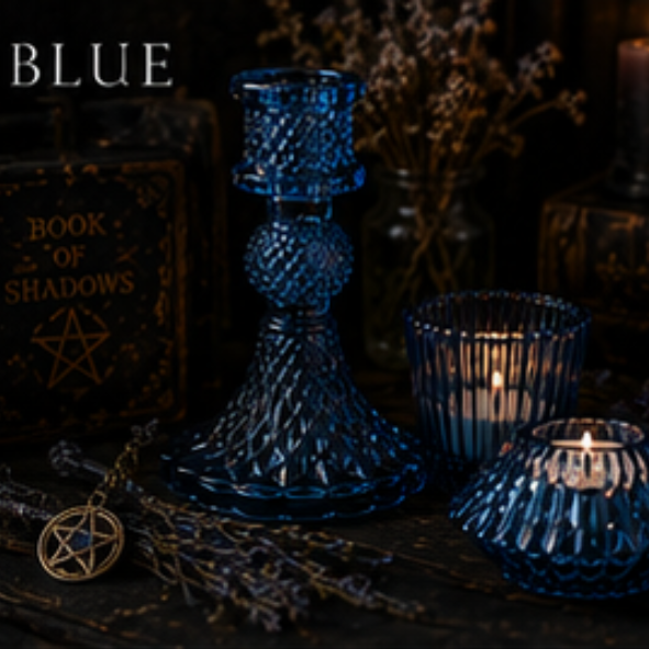 Blue vintage glass candle holder set with taper holder, tealight holder and votive holder